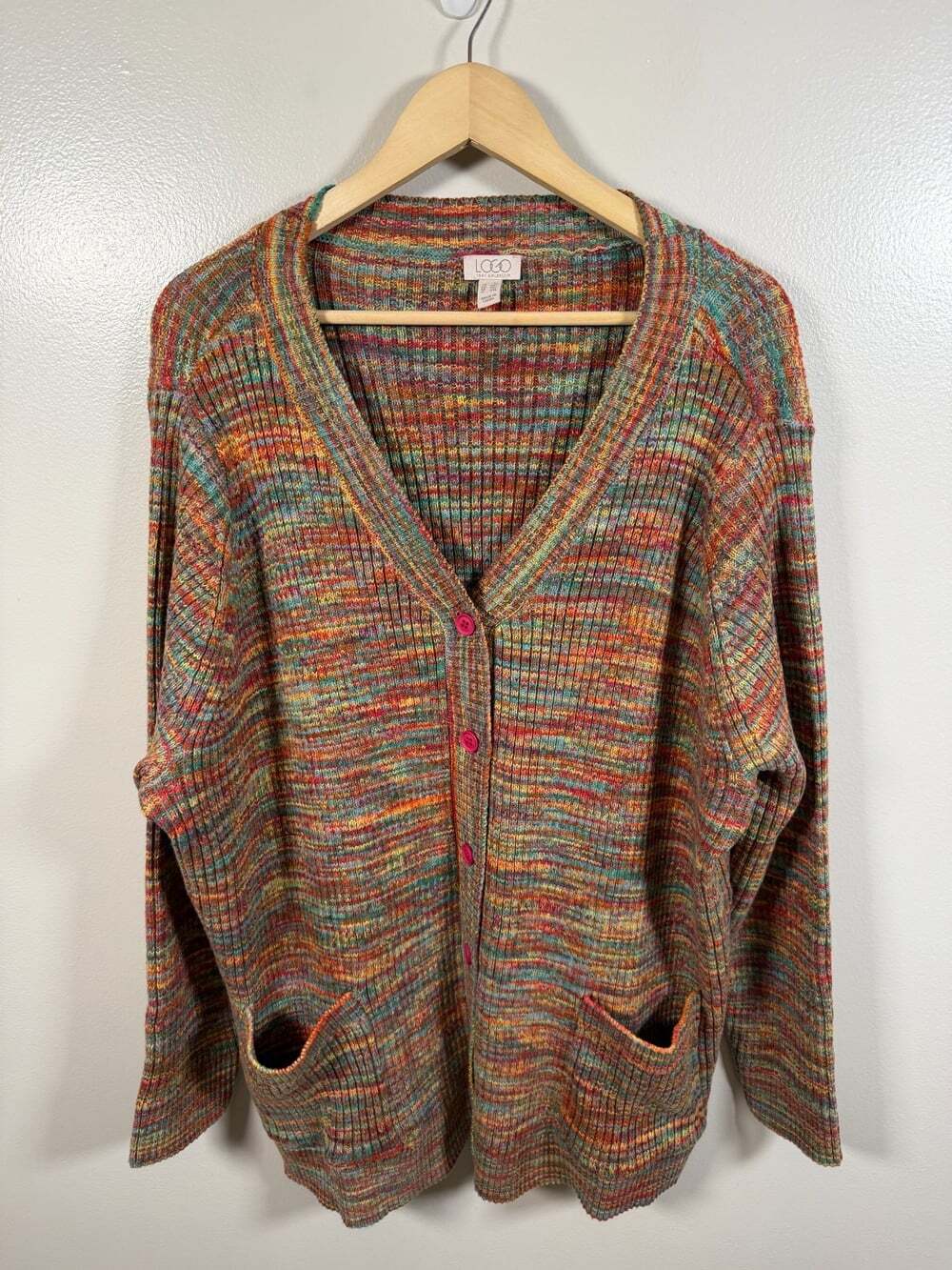LOGO Lori Goldstein Cardgian Sweater Size 3X Rainbow Stripe Ribbed Knit Cozy
